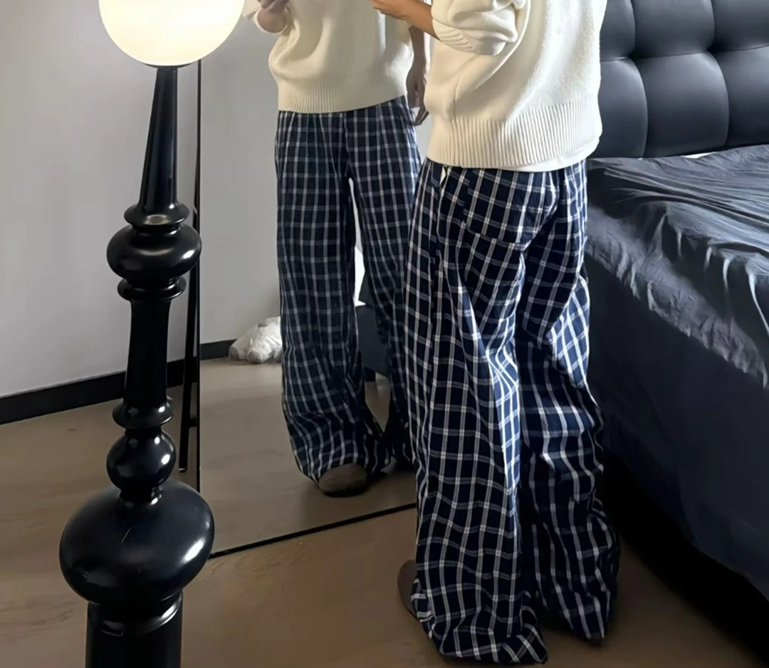 Navy Blue Plaid Pants Men's Autumn Loose Wide-leg Casual Pants
