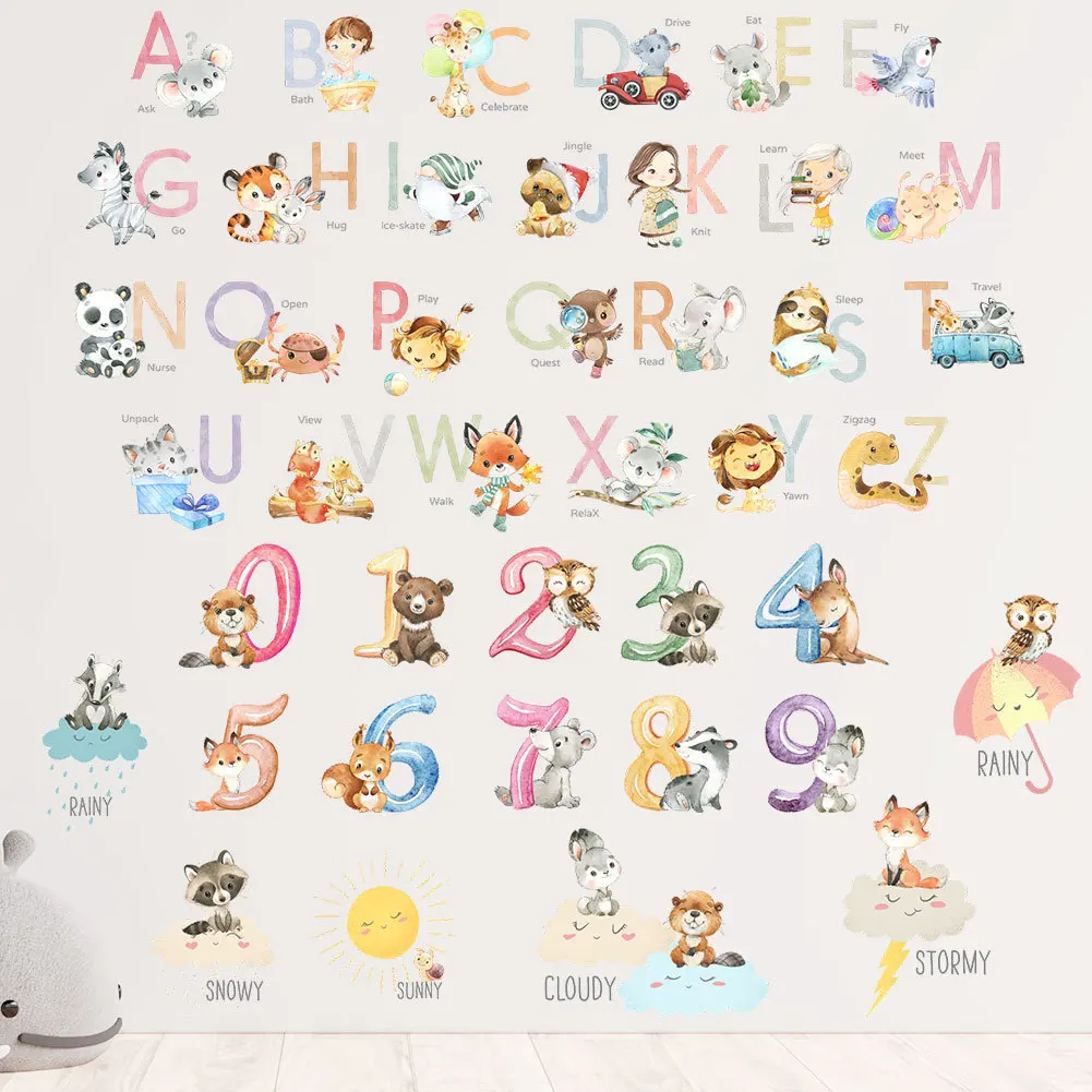 Animals 26 ABC Alphabet Words Wall Stickers for Kids Room Bedroom Childrens Sticker Wallpaper Pvc Baby Wall Decals Mural Art