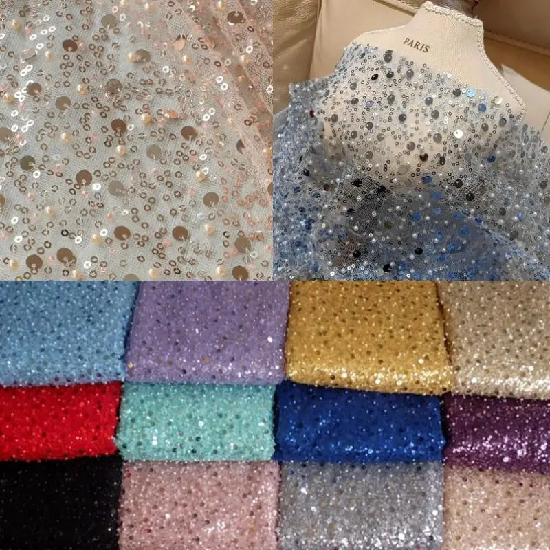 

1.5m Wide Encryption Various colors Bead Embroidery Sequin Mesh Lace Fabric for Wedding Dresses Stage Clothing