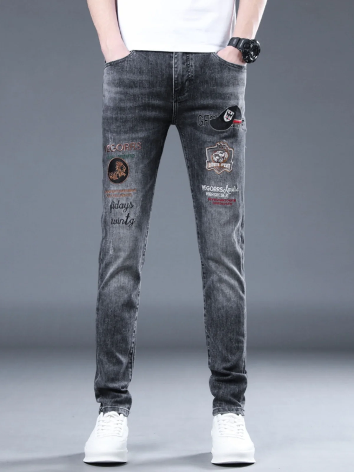 

Embroidered Slim Fit Men's Jeans mid Waist Cotton Stretch Denim Casual Wear Resistant Small Straight Leg Spring Summer Faion