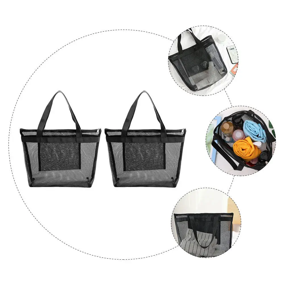 2Pcs Mesh Beach Tote Bag Hollowed Out Large Capacity Travel Pool Bag Reinforced Bottom Lightweight Portable for Women Kids