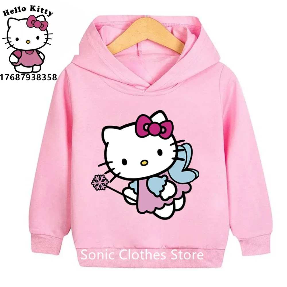 Cute Girls Hello Kitty Hoodie Long Sleeve Sweatshirts Children Spring Autumn 3-14 Years Old Cartoon Kids Casual Hooded Tops