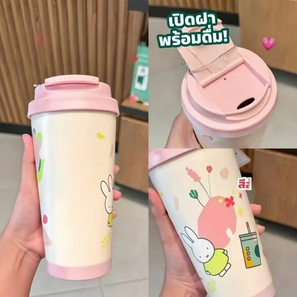 

Miffy Cartoon Insulated Tumbler With Pink Lid Rabbit Pattern Stainless Steel Thermal Cup With Tag For Coffee Tea Home Office Out