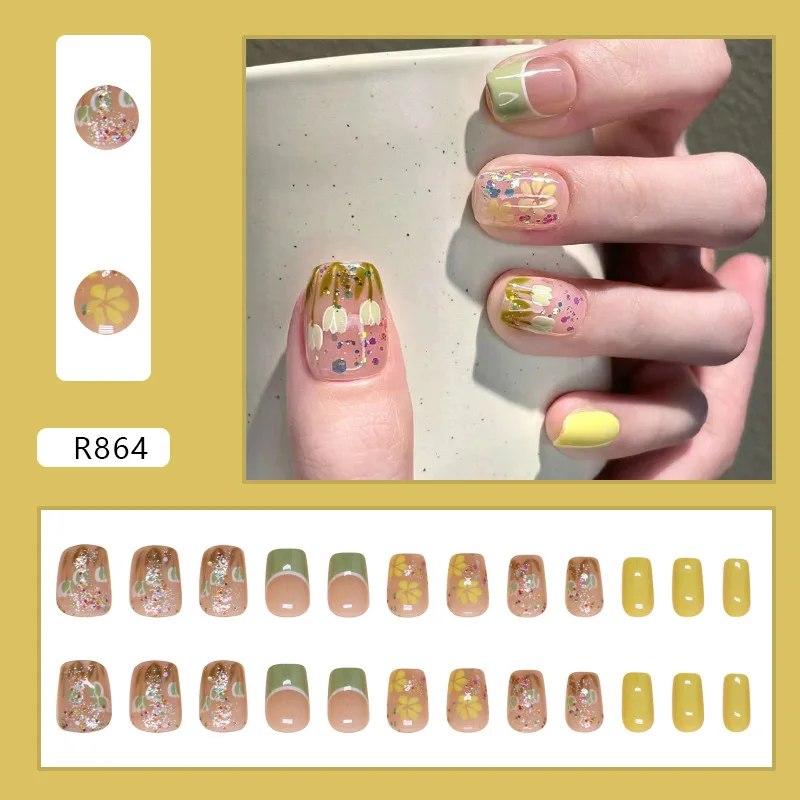 24pcs Short Coffin Press-On Nails - Solid Yellow With Tulip Glitter Accents Spring Vibes (Multi-Size Fit)