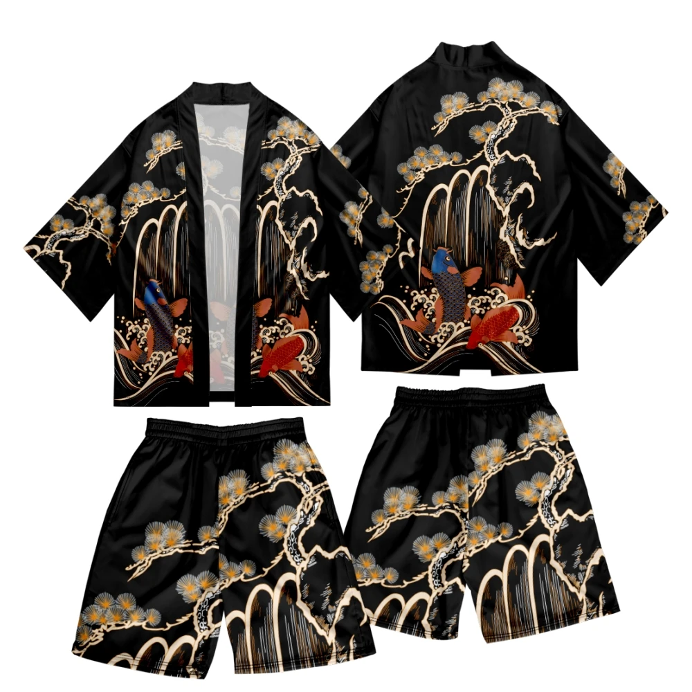 Harajuku Traditional Ukiyo-e Carp Wave Print Two Piece Suit Women Kimono Shorts Japanese Cardigan Men Cosplay Haori Clothing