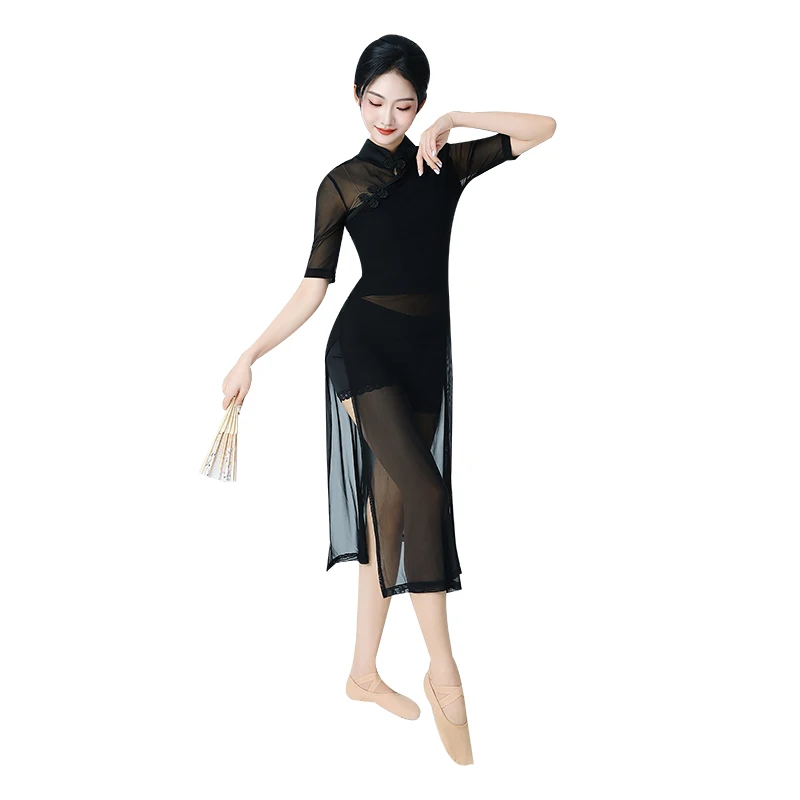 Vintage Chinese Style Stand Collar Dance Wear Dress Women Summer Bodycon Sheer Slit Midi Dress Sexy Transparent Black Mesh Dress