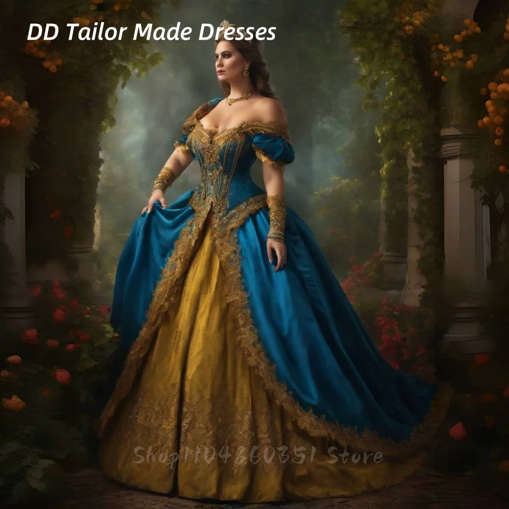 

Baroque Princess Prom Dress Blue And Gold Vintage Victorian Masquerade Costume Off Shoulder Customized Medieval Ball Gown Chic
