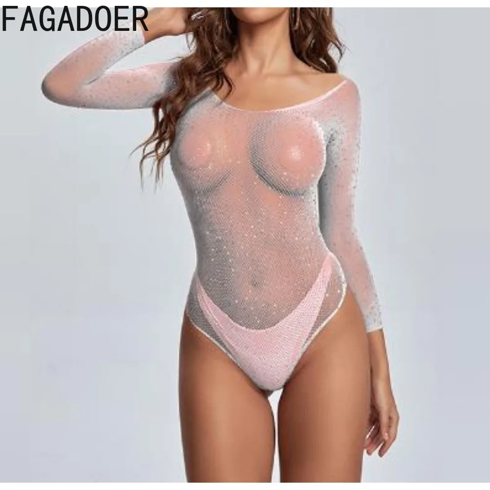 FAGADOER-bodysuit preto fora do ombro feminino, macacão de manga longa, bodycon fino geral, perspectiva diamante, moda sexy, preto