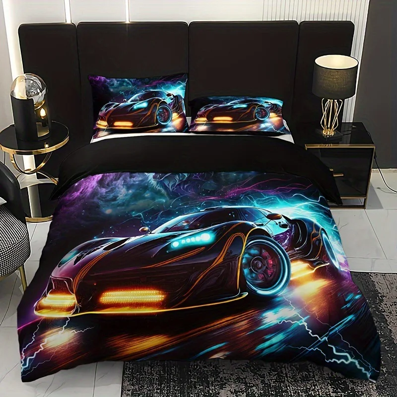 

Racing Car Duvet Cover Set Queen Size For Boys, Lightning Wolf Bedding Set For Room Decor, 3 Pieces Speed Car Comforter Covers