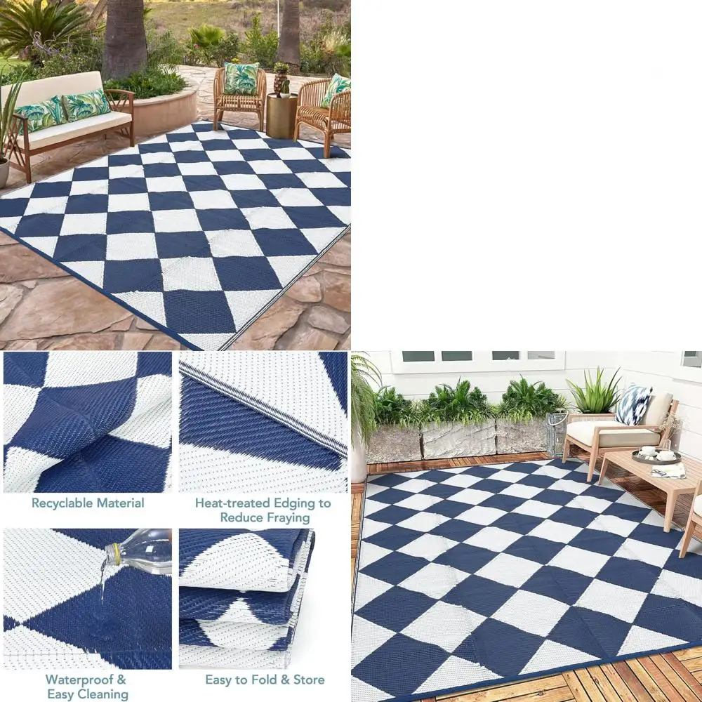 

Водонепроницаемый пластиковый ковер в клетку размером 9x18 футов для улицы, кемпинга, автофургона, патио, террасы и пикника — темно-синий