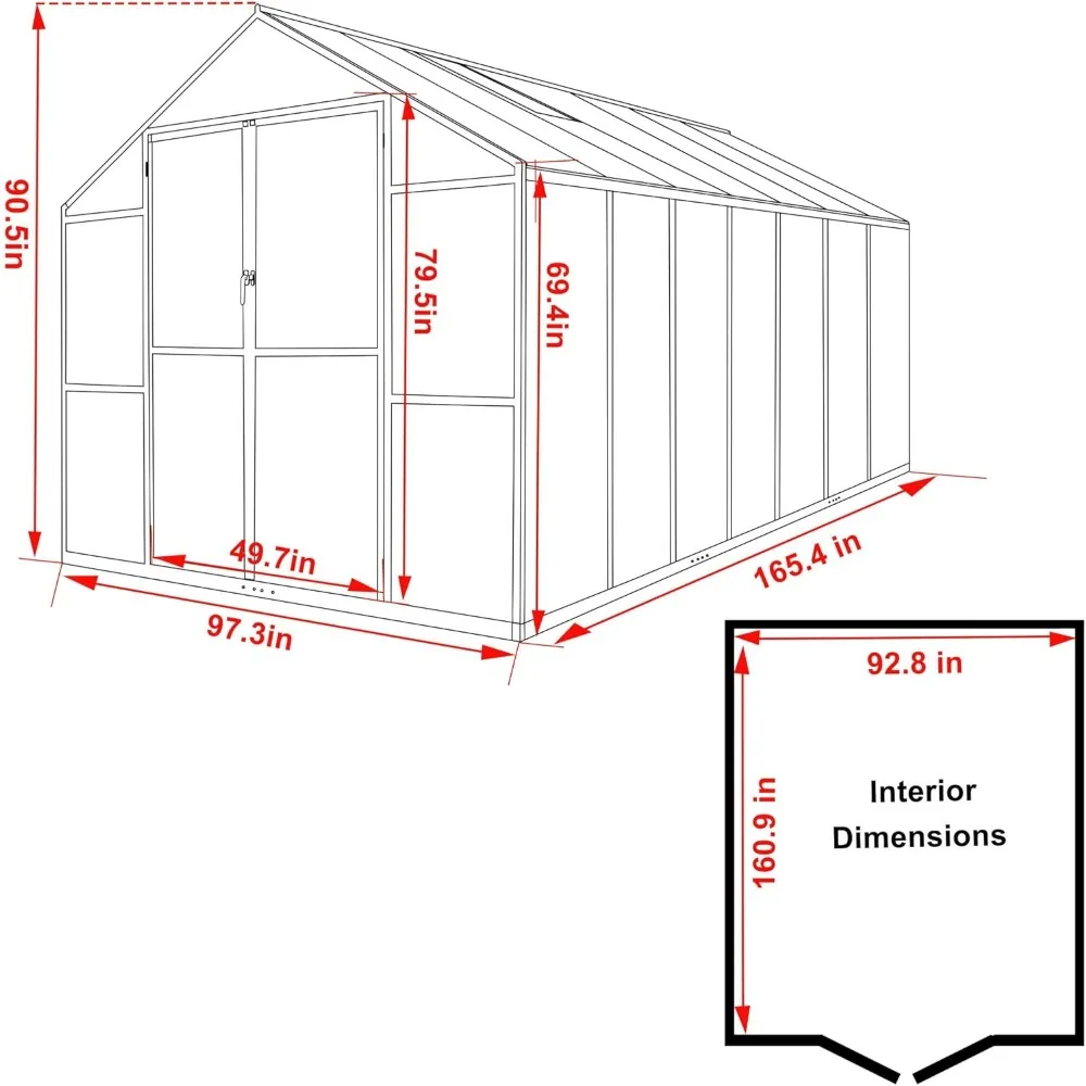 8 X 14 FT Garden Plants Green House Kit, Polycarbonate Greenhouse with Aluminum Frame, Lockable Door and Ajustable Roof Vent