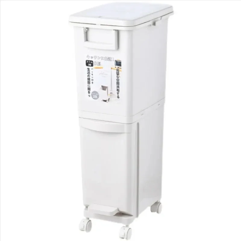 Simple Long Tube Trash Kitchen Double Partition Rubbish Bin Mobile Pulley Garbage Basket Dry And Wet Separation