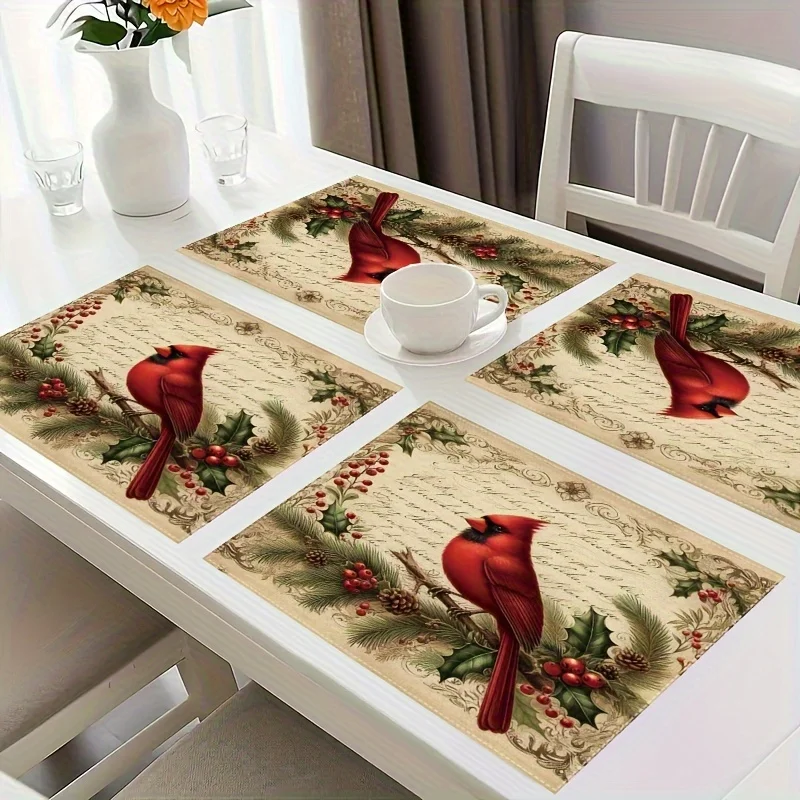 VIKAMA 4 Piece Christmas Robin Placemats Holly Berry And Pine Branch Pattern Placemats Home Dining Table Decoration