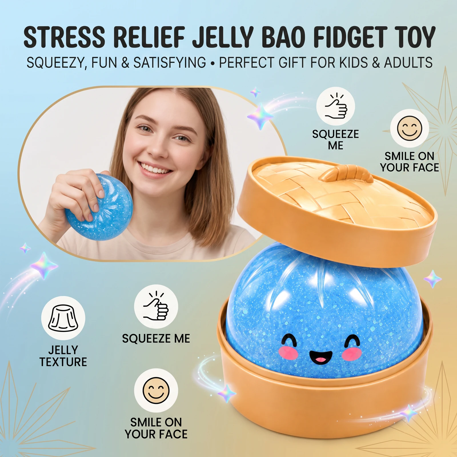 Dowmoo Pectin Smiling Bun Squishy Toy Slow Rising Stress Relief Squeeze Ball Cute Food Model Fidget Novelty Kids Adults Fun Gift