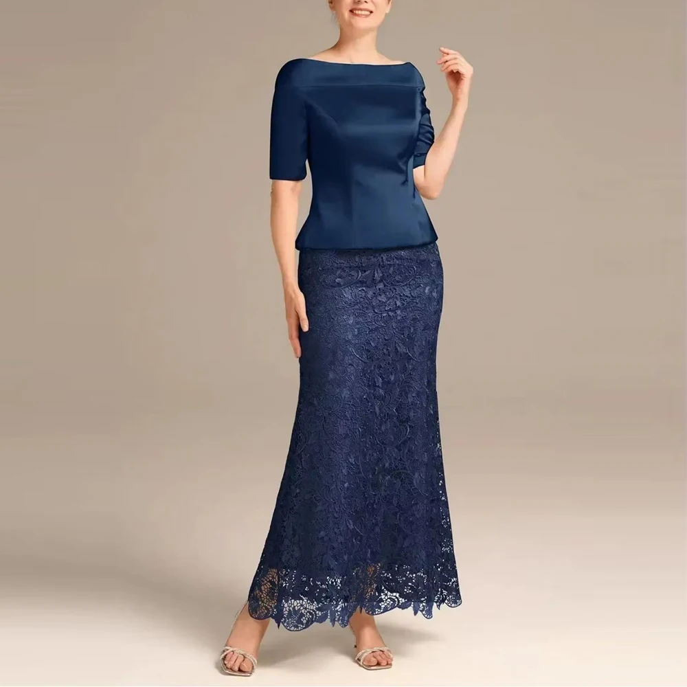

Customized Elegant Mermaid Mother of the Bride Dress Satin Lace Straight Neckline Short Sleeve Ankle Length Wedding Party Dresse