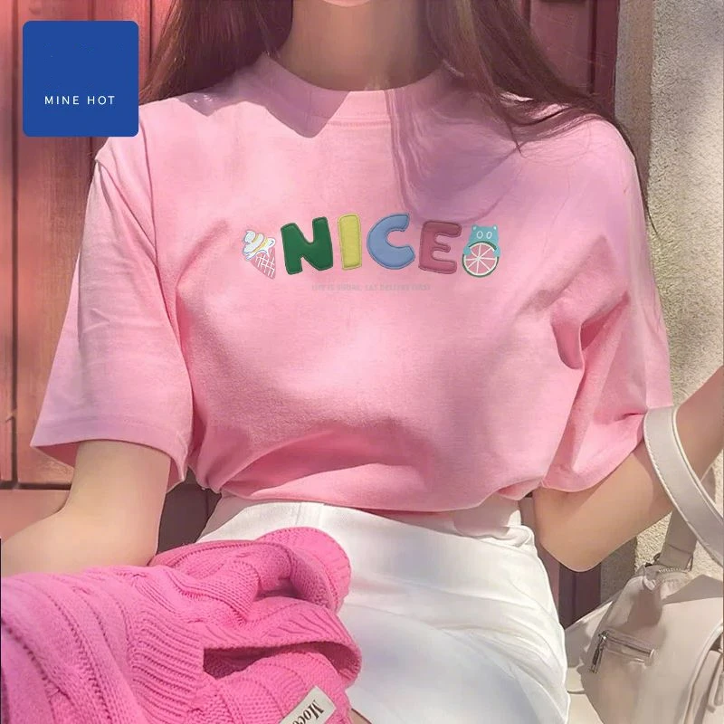 

Summer New Fashion Pure Cotton Loose Short Sleeve T-shirt Women Vintage Chic Printed Casual Sweet Tops