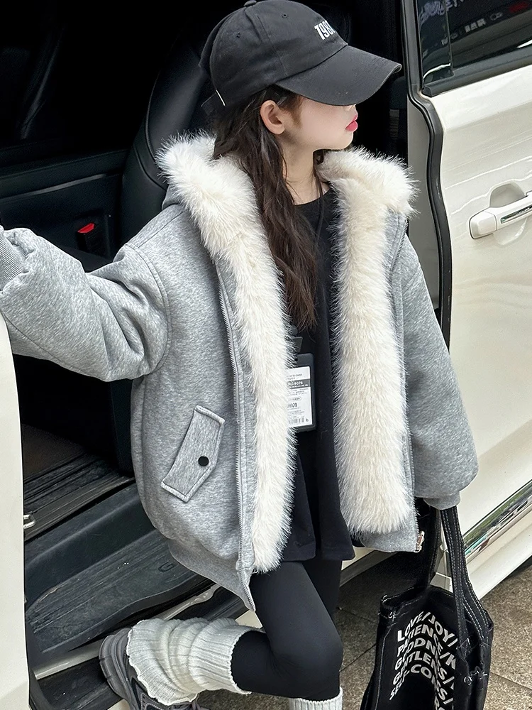 

Thiened Fce Knitted Jaet for Girls Winter Clothes Double-sided Wear Cotton Clothes Long Sve Zipper Closure Color