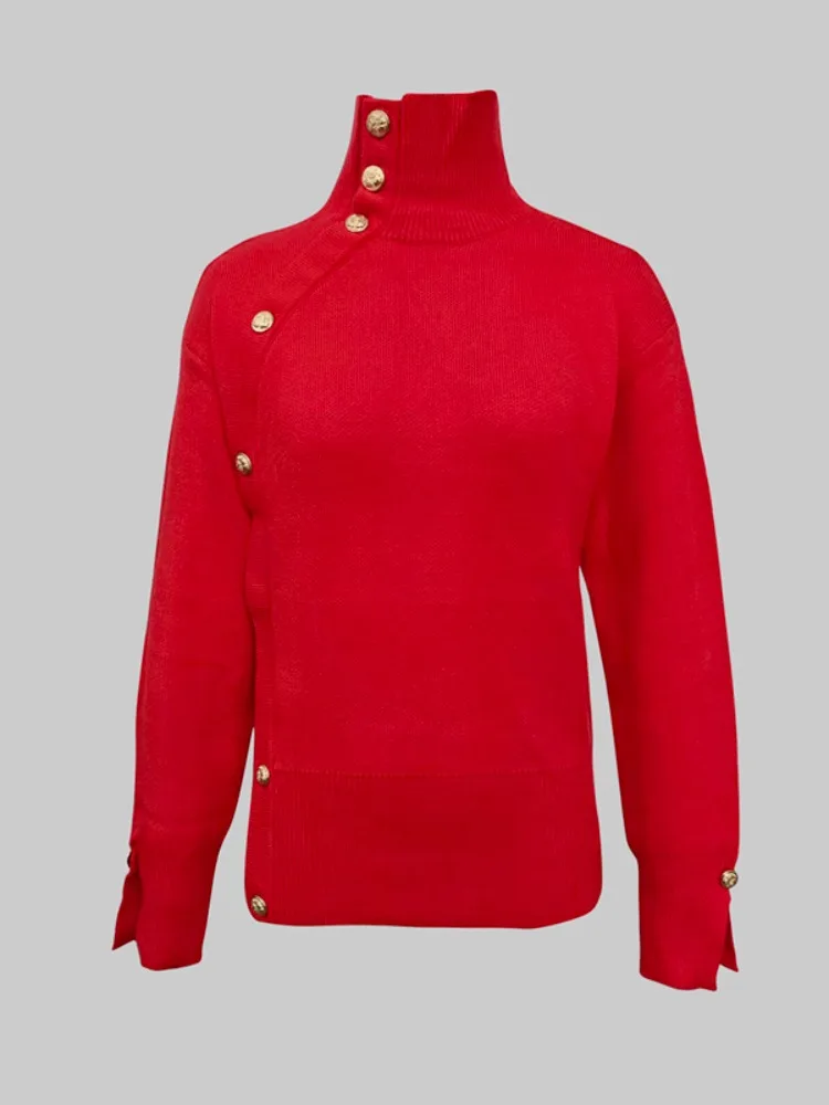 Women High Neck Asymmetric Gold Button Decor Long Sleeves Loose Knit Sweater Elegant Casual Pullover Jumper Tops view 4