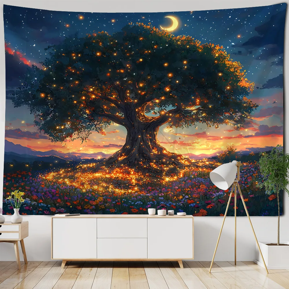 

Dreamy Tree Night Sky Tapestry, Hanging on the Wall, Starry Moon Background Cloth, Bedroom Living Room Decoration Poster