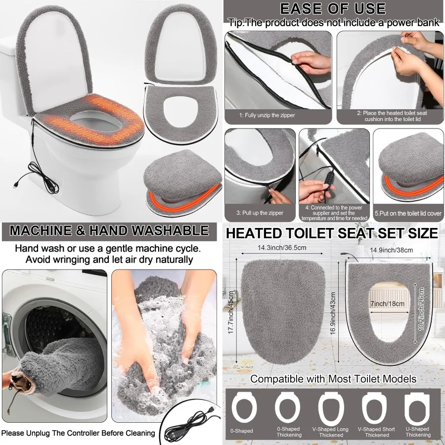 

USB Powered Heated Toilet Seat Cover Set with 5Speed Adjustable Temperature and Timing Function for Bathroom Use Soft Plush Fab