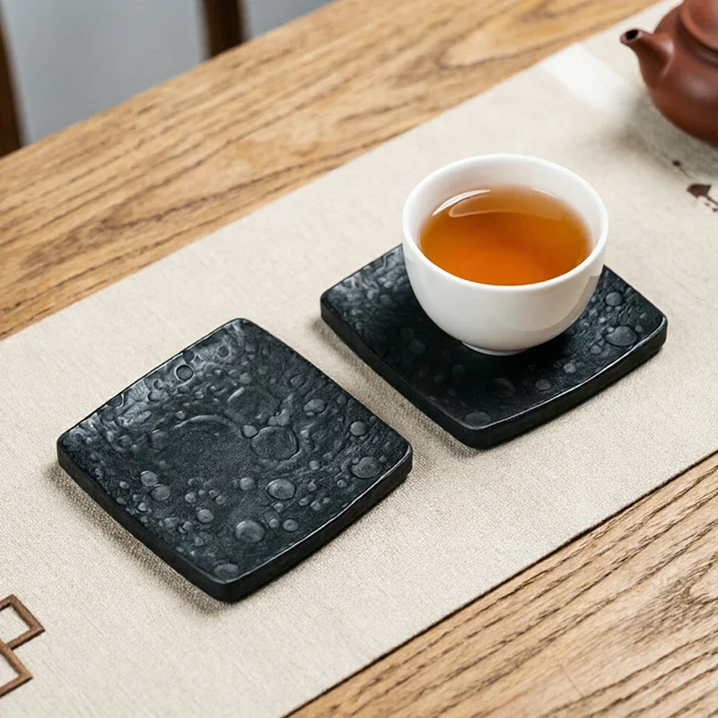 Natural Basalt Coasters Square 9cm Hand‑Carved Meteorite Crater Heat Resistant for Tea Ceremony Home Decor Gift for Tea Lovers