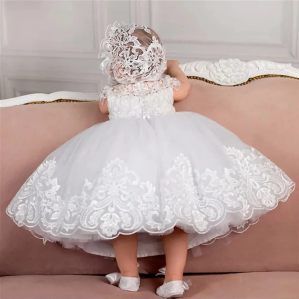 

Elegant White Flower Girl Baby Dress Appliques Lace Pearls Puffy Birthday Party Holy Communion Baptism Ball Gown Customized
