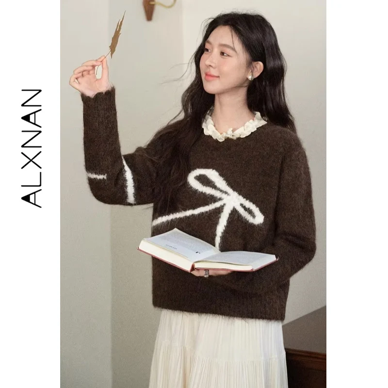 

ALXNAN коричневый шерстяной свитер осень-зима женские свободные пуловеры с бантом повседневные топы с круглым вырезом и длинными рукавами женские L57306-1