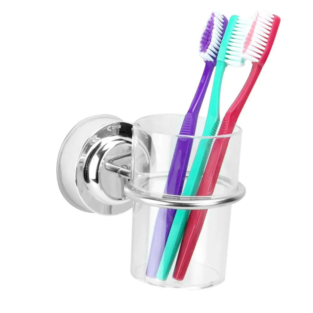 

Suction Cup Toothbrush Tumbler Holder Bathroom Stainless Steel Cup Holder With Plastic Cup Versatile Bathroom Tool Accessories