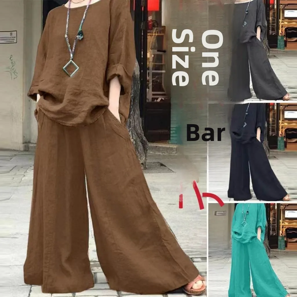 

Женский летний костюм из хлопка и льна, комплект из двух предметов: топ и длинные брюки, однотонный, с вырезом, для повседневной носки