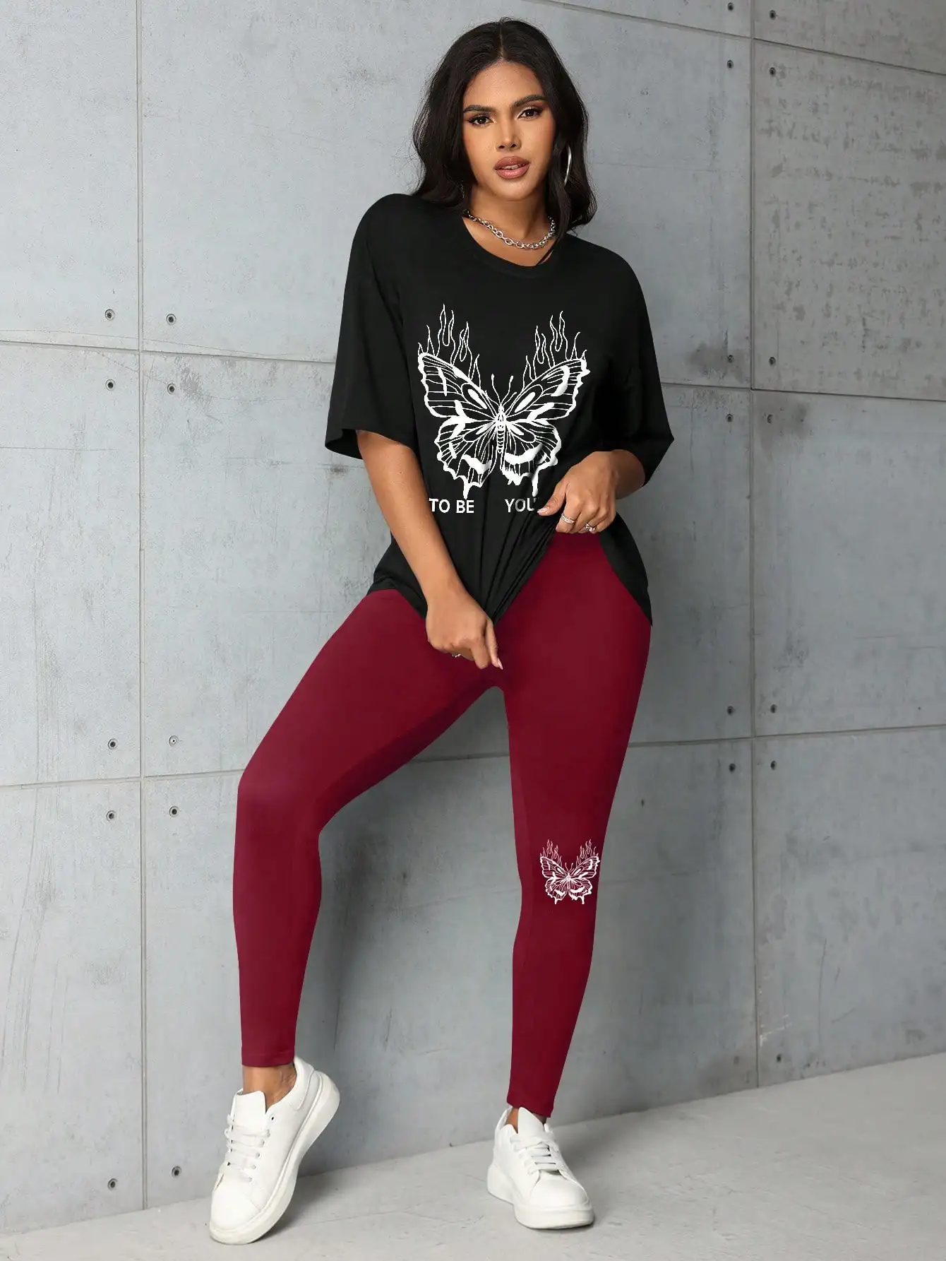 ليغنغز نسائي فضفاض بأكمام قصيرة ، بدلة كاجوال جيدة التهوية ، طباعة فراشة اللهب ، خفيف الوزن ، موضة متعددة الاستخدامات ، الصيف