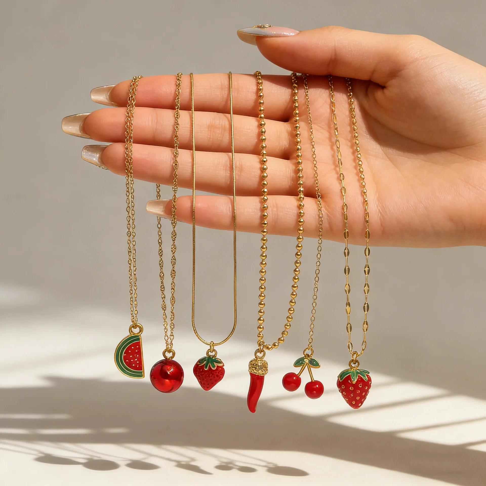 316 Stainless Steel Rice Bead Metal Chain Fruit Necklace for Women Girl Cherry Watermelon Strawberry Chili Pepper Pendant Choker