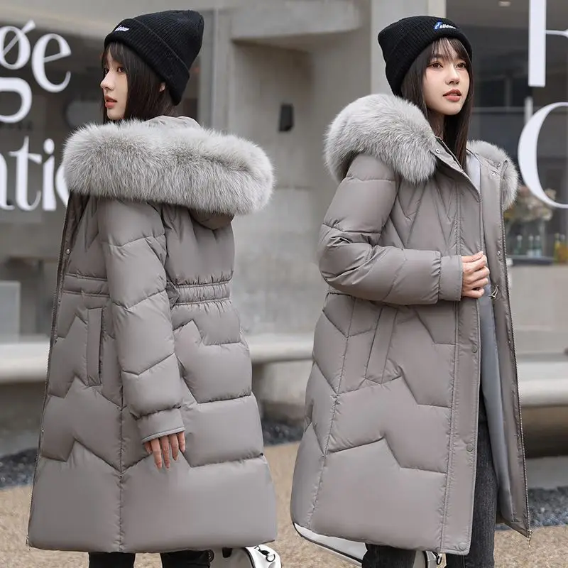 2023 neue Frauen Daunen Baumwoll mantel Winter jacke weiblichen großen Pelz kragen verdicken Parkas Medium Style Outwear lose hin dünnen Mantel