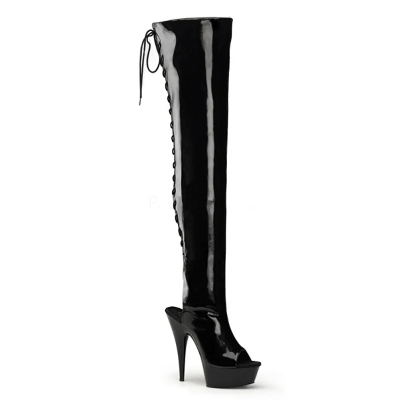 

6Inch thin high heel Plus Size 46 Exotic Over The Knee Boots 15cm platform open toe women Lace Up stripper heels boots leather