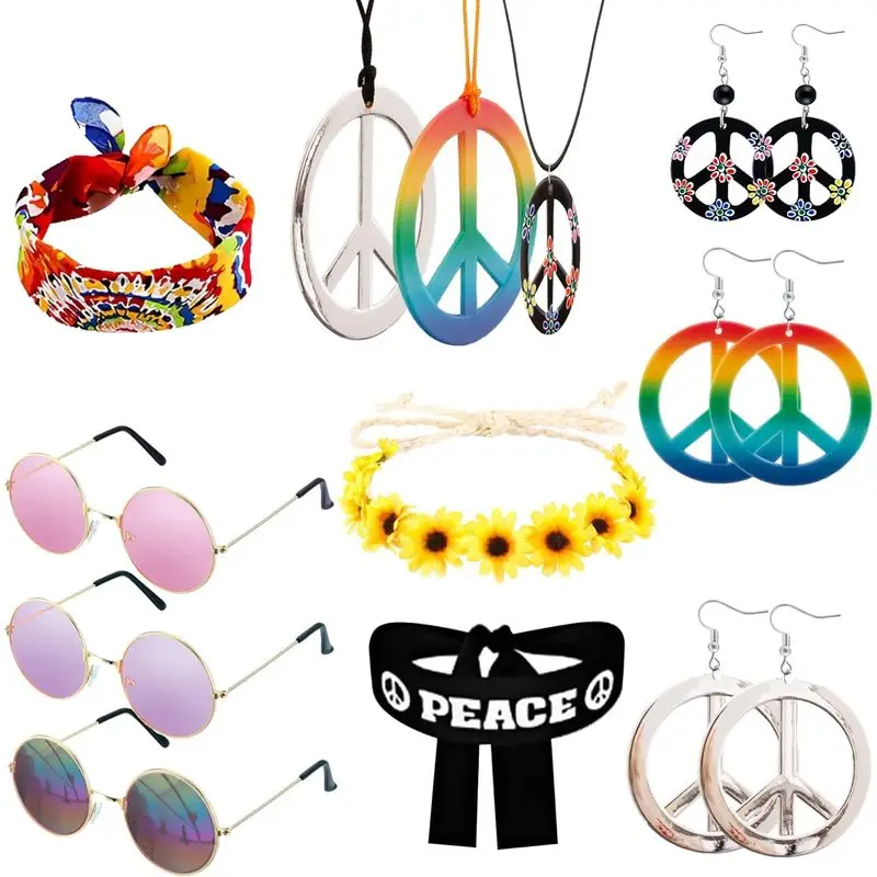 Hippie Costume Set Women Men 12 Pieces Hippie Accessories 70s Clothing Hippie Clothing Accessories with Hippie Glasses Headband 