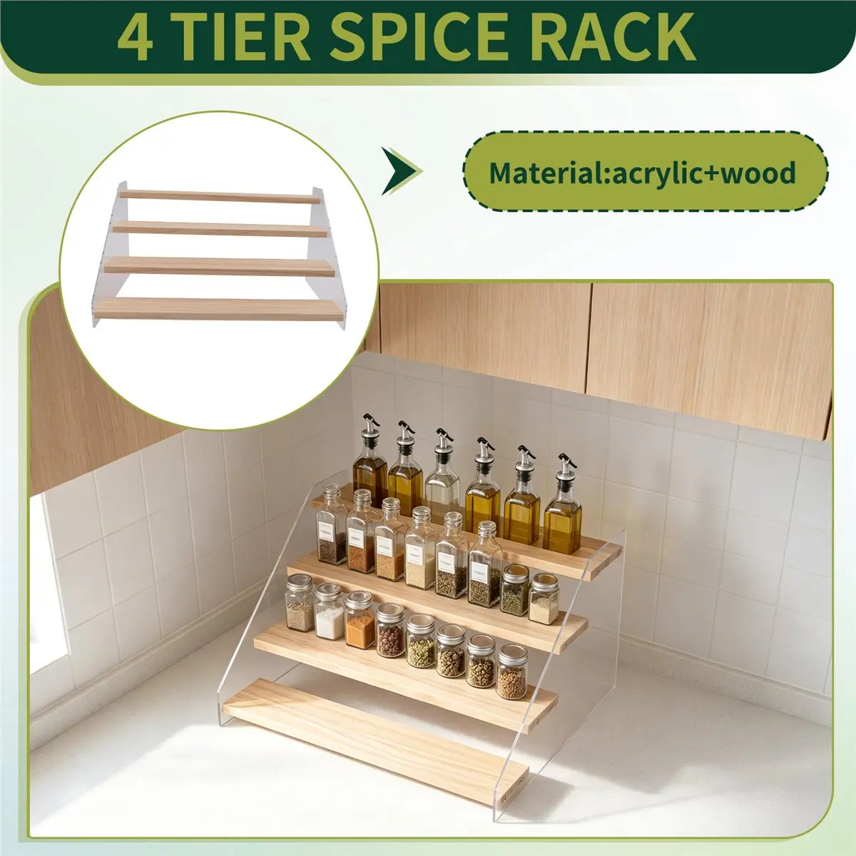 A50U 12In Spice Rack Organizer for Cabinet - Wooden 4Tier Display Stand -Space Saving Display Shelf Riser for Perfume Cupcake