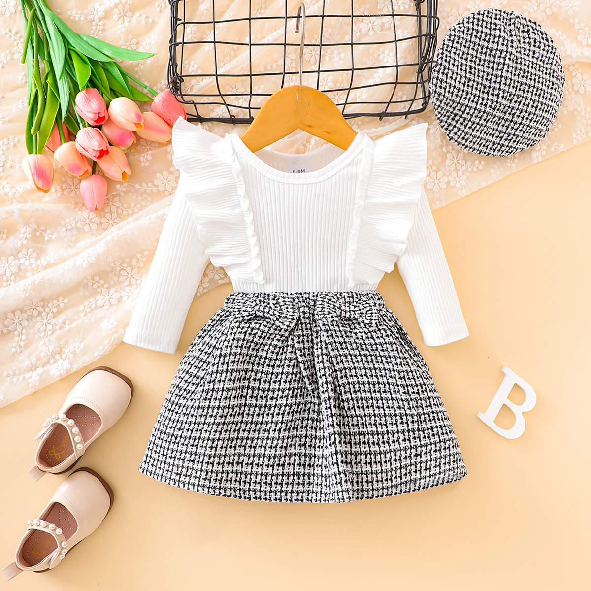 3-piece baby girl autumn fashion lace long sleeve top with bow decoration plaid skirt + hat 3-piece set