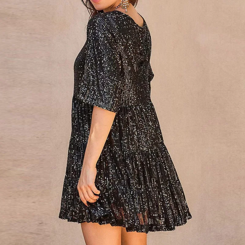 Lady All-Match Short Sleeve A-Line Dress Spring Summer Loose Oversized Sequins Dress Women Fashion O-Neck Pleated Hem Mini Dress