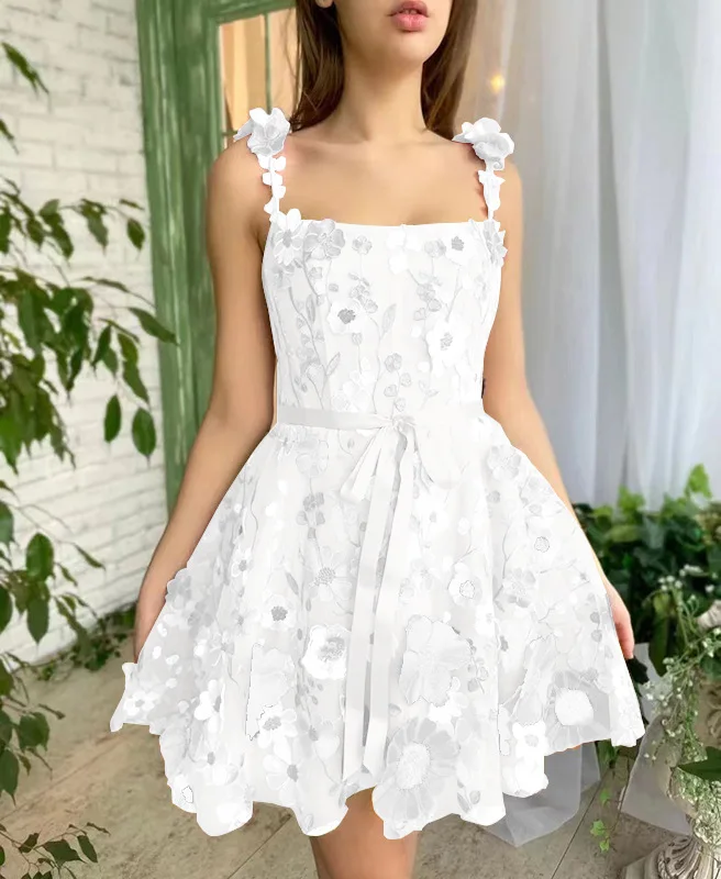 Embroidered Wrapped 3D Flower Tulle Square Neck Mini Sling Dress Female Backless A-line Gown Vestidos Women Chic Cocktail