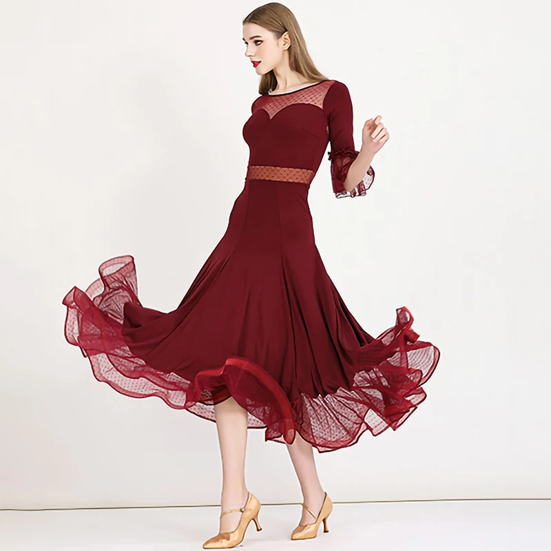 Ballroom Dance Ballroom Dance Dress Standard Wine Red Black Elegant Middle Sleeve Round Neck Competition Suit Waltz Stage Wear