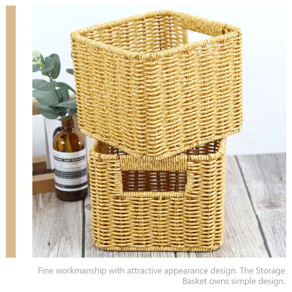 

Heavy Duty Plastic Storage Basket Imitation Rattan Finish Large Size Reusable Organizer for Home Office Bedroom Desktop Storage