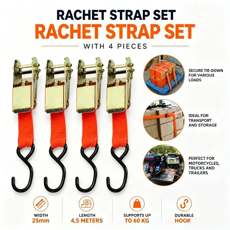 4 Pack Easy Operate Ratchet Straps 4.5m*2.5cm 480kg Tension Support for Household Moving Cargo Fixing Use