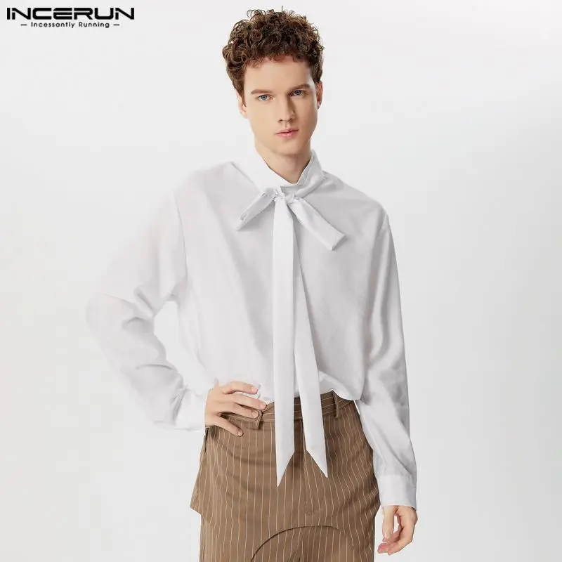 INCERUN Men Shirt Solid Color Stand Collar Long Sleeve Transparent Casual Men Clothing Streetwear 2024 Loose Fashion Camisas