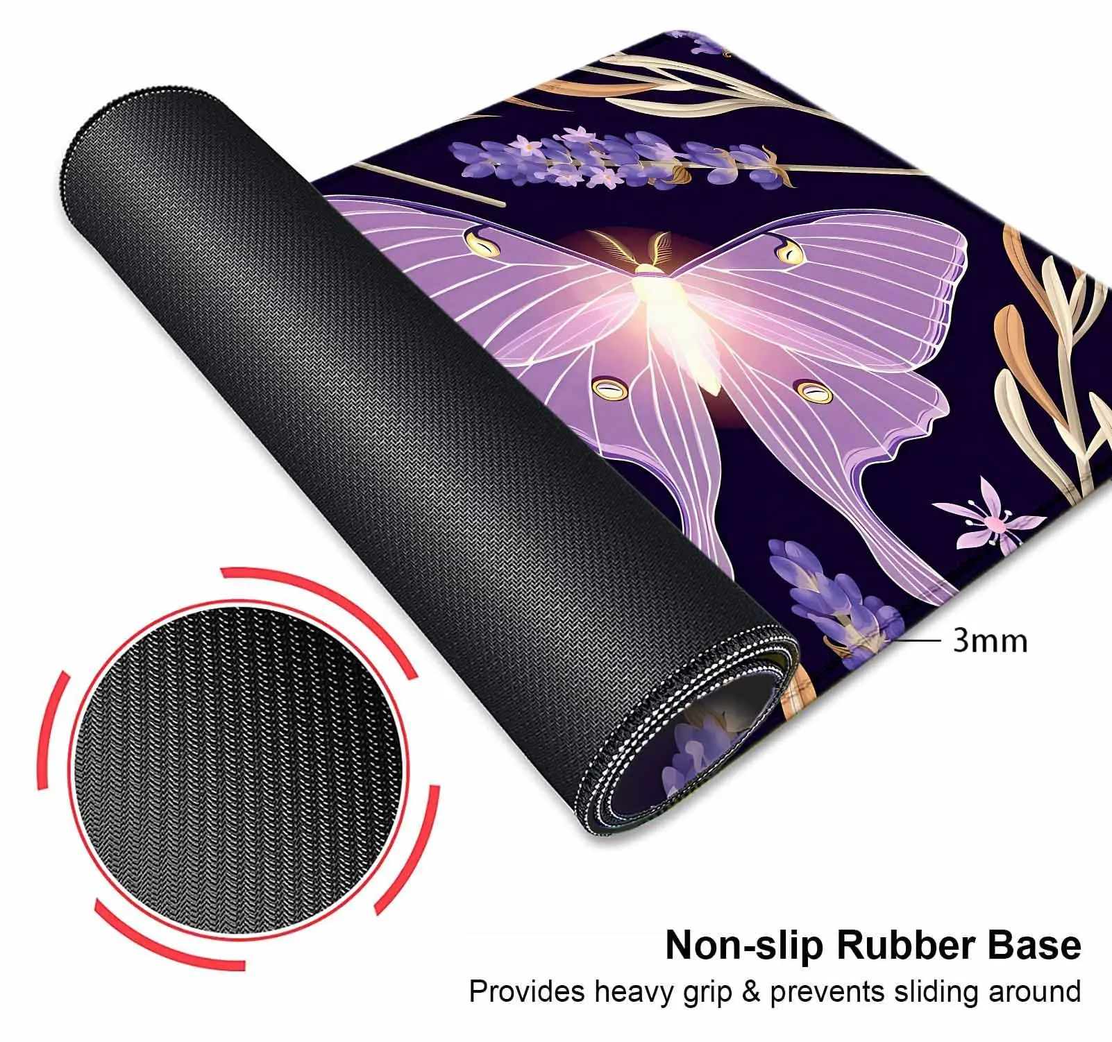 Large Gaming Mouse Pad, Purple Lavender Butterfly Desk Mat, Non-Slip XL Computer Big Mouse Pad for Work, Gamer, Office, Home