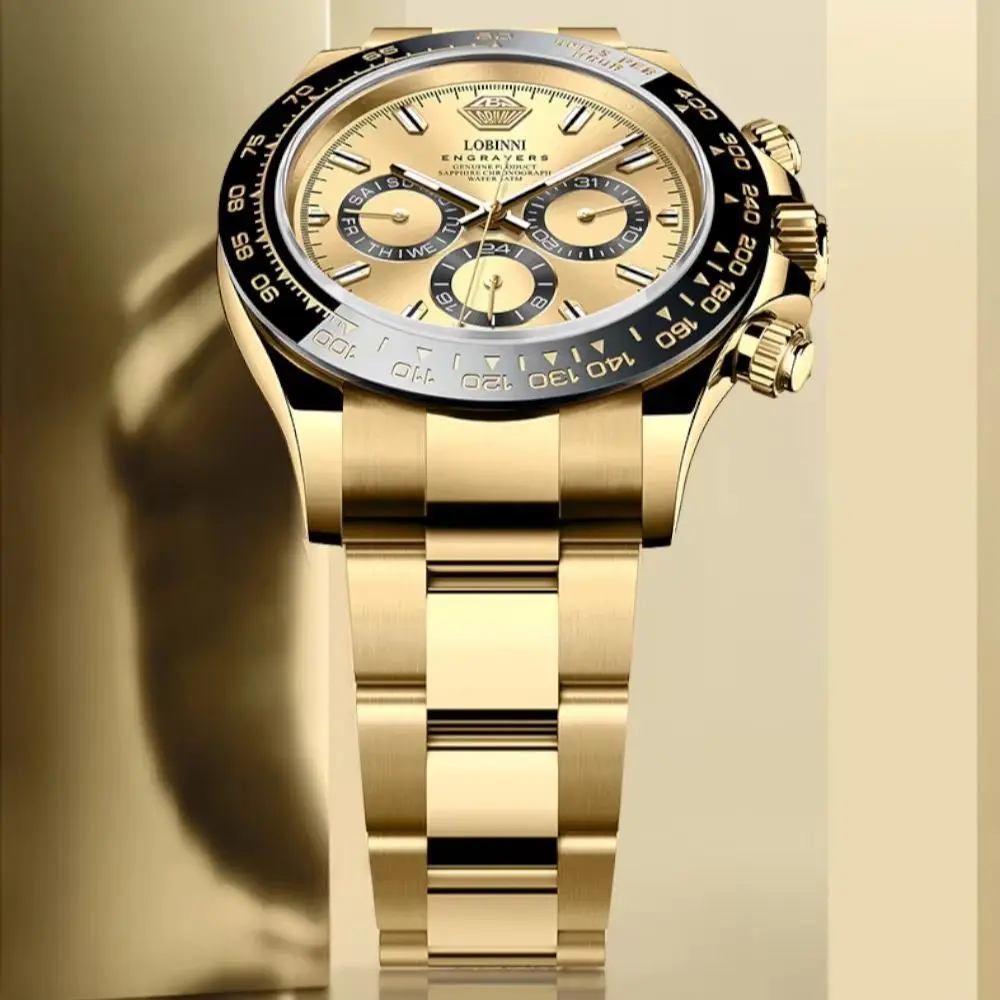 

LOBINNI Men Automatic Watch 40mm Gold Mechanical Wristwatch Sapphire Luminous Multi-Dial Week Date 24 Hours JHB16 Mov.