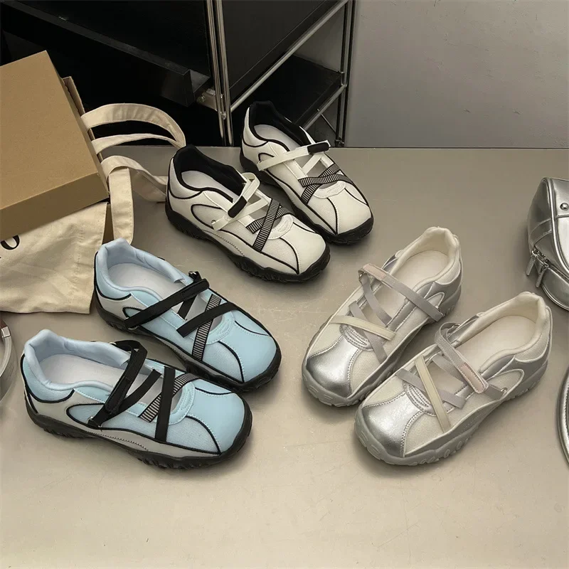 バレエスタイル夏厚いヒールカジュアルスポーツ-deqin-靴女性のオープントゥ通気性メリージェーンストライプパターン合成皮革