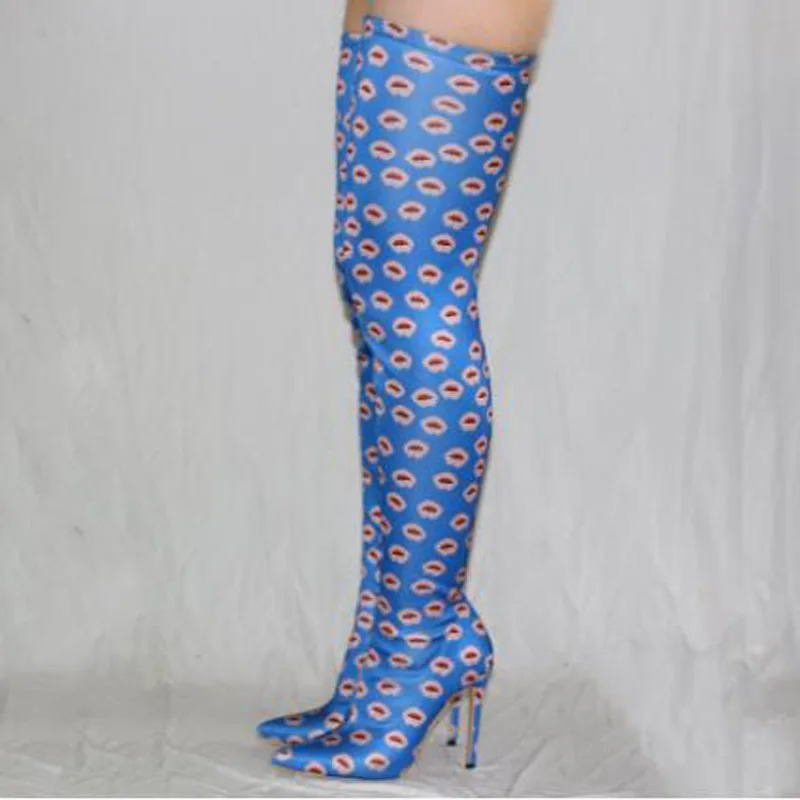 Black Satin Red Lips Print Pointed Toe Ankle Boots Fashion Women Stiletto Heels Stretch Booties Short Boots Shoes Drop Shipping