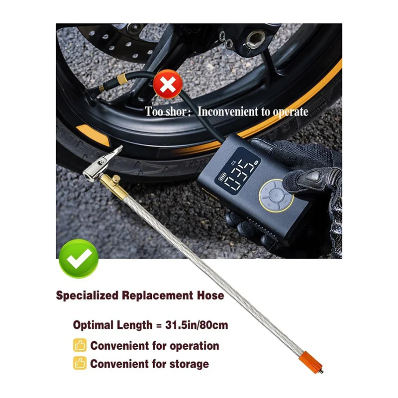 AA01-Extended Portable Air Compressor Tire Inflator Replacement Hose With Stainless Steel Mesh For Protection, Air Pump Tube, Du