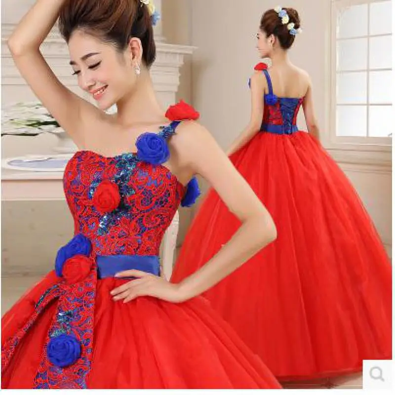 

Red Tulle Quinceanera Dresses Elegant One-shoulder Floor-length Ball Gown Dress Sweet Applique Classic Lace Up Robe De Bal