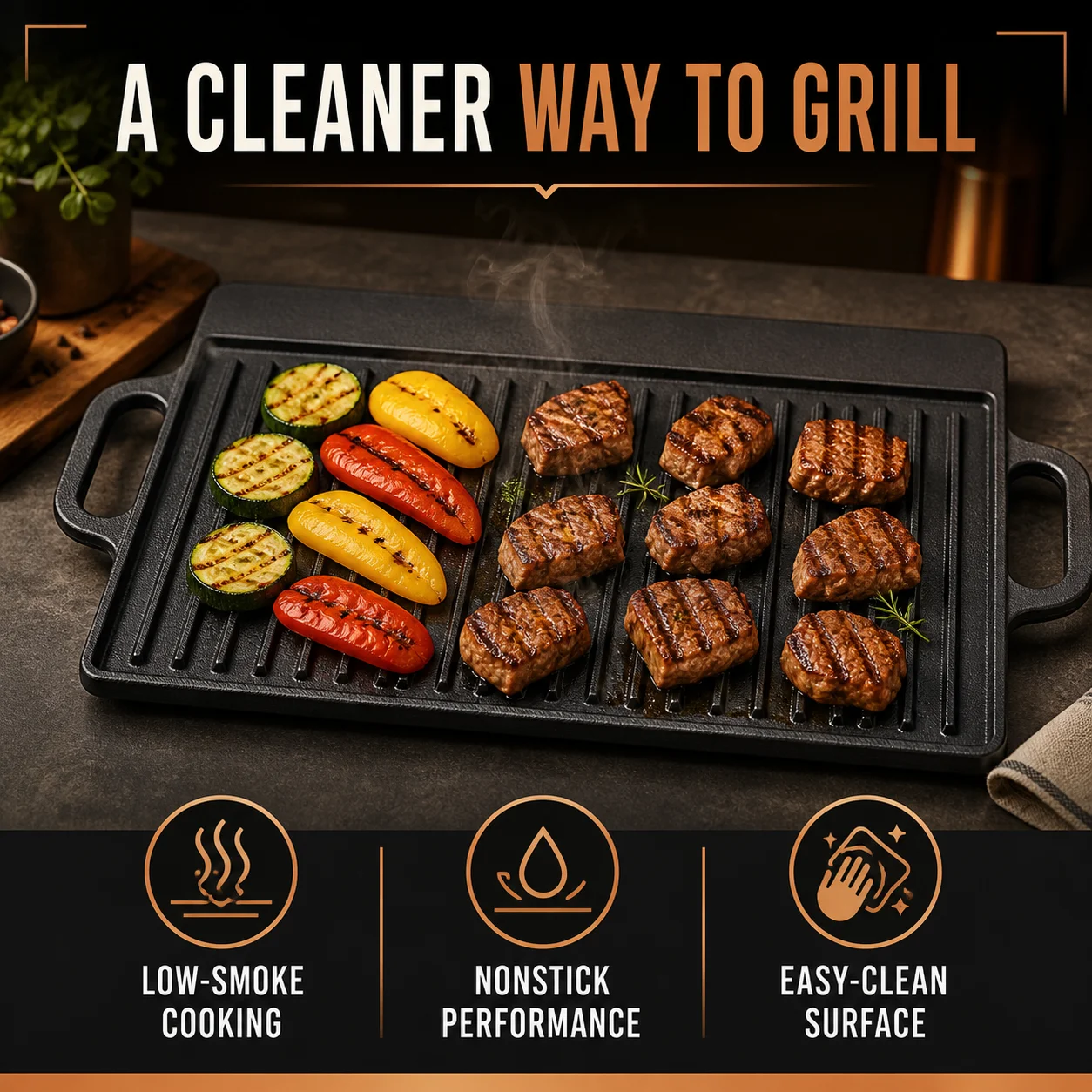 Cast Iron Grill Pan Rectangular, Ribbed Grill Pan with Two Handles for Stove Top, Black Griddle Pan with Raised Edge BBQ Home