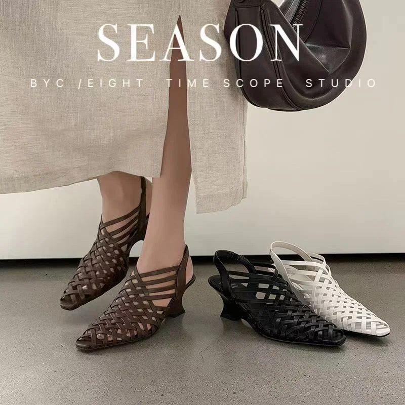 2026 new summer women sandals natural leather 22-25cm cowhide+weave+pigskin cross-strap ankle-strap high heel women slippers